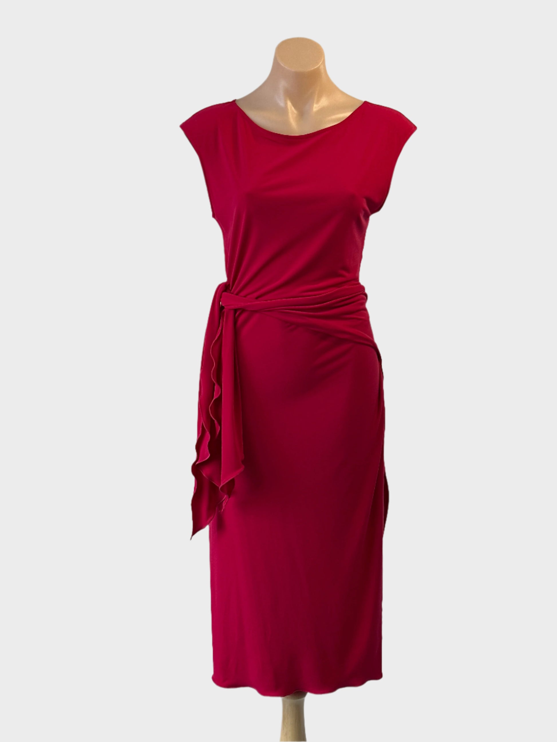 George shift dress in pink with open back and side split for evening or special events wear.