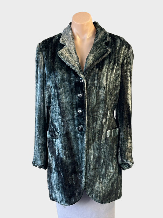 Designer Gianfranco Ferré vintage 80’s plush wool jacket in teal with luxurious pile finish, single breasted style with notched lapels for evening or smart casual wear
