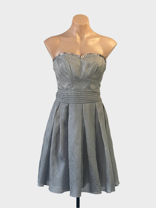 Designer Ginger & Smart A-line dress in grey cloud print with pleated satin trim for evening or special events wear.