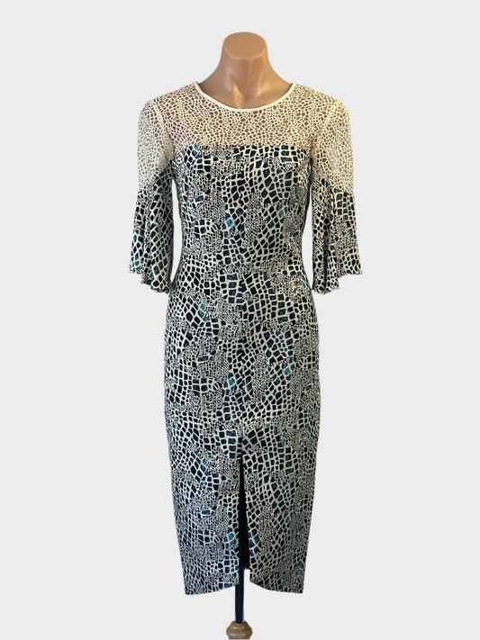 Designer Ginger & Smart sheath dress in brown and white with lace yoke and front split for evening or special events wear.