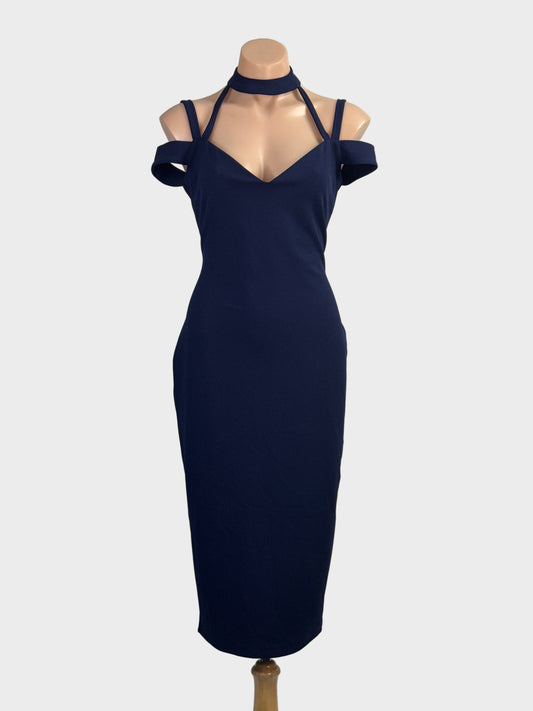 Giselle & Sophia navy midi bodycon dress with harness-style choker neck, cold shoulder cut-outs and pencil skirt for evening wear