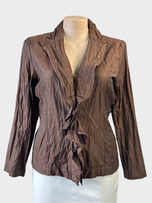 Designer Gitane single breasted jacket in brown crinkle weave with ruffle lapel for office or smart casual wear.
