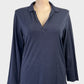 Goondiwindi Cotton top in navy with Johnny collar, long sleeves and notched hem for smart casual wear.