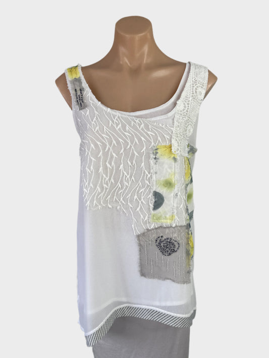 Gordon Smith white sleeveless tank top in sheer crepe with embroidery, beading, and notched hem for office or smart casual.