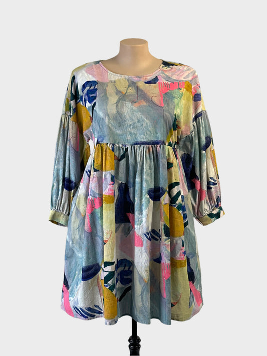 Gorman corduroy dress in organic cotton with painterly Spencer Shakespeare print, raglan sleeves and gathered skirt for smart casual wear.
