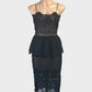 Designer Grace & Hart black guipure lace sleeveless sheath dress with sweetheart neck, peplum waist and pencil skirt for evening or formal wear.
