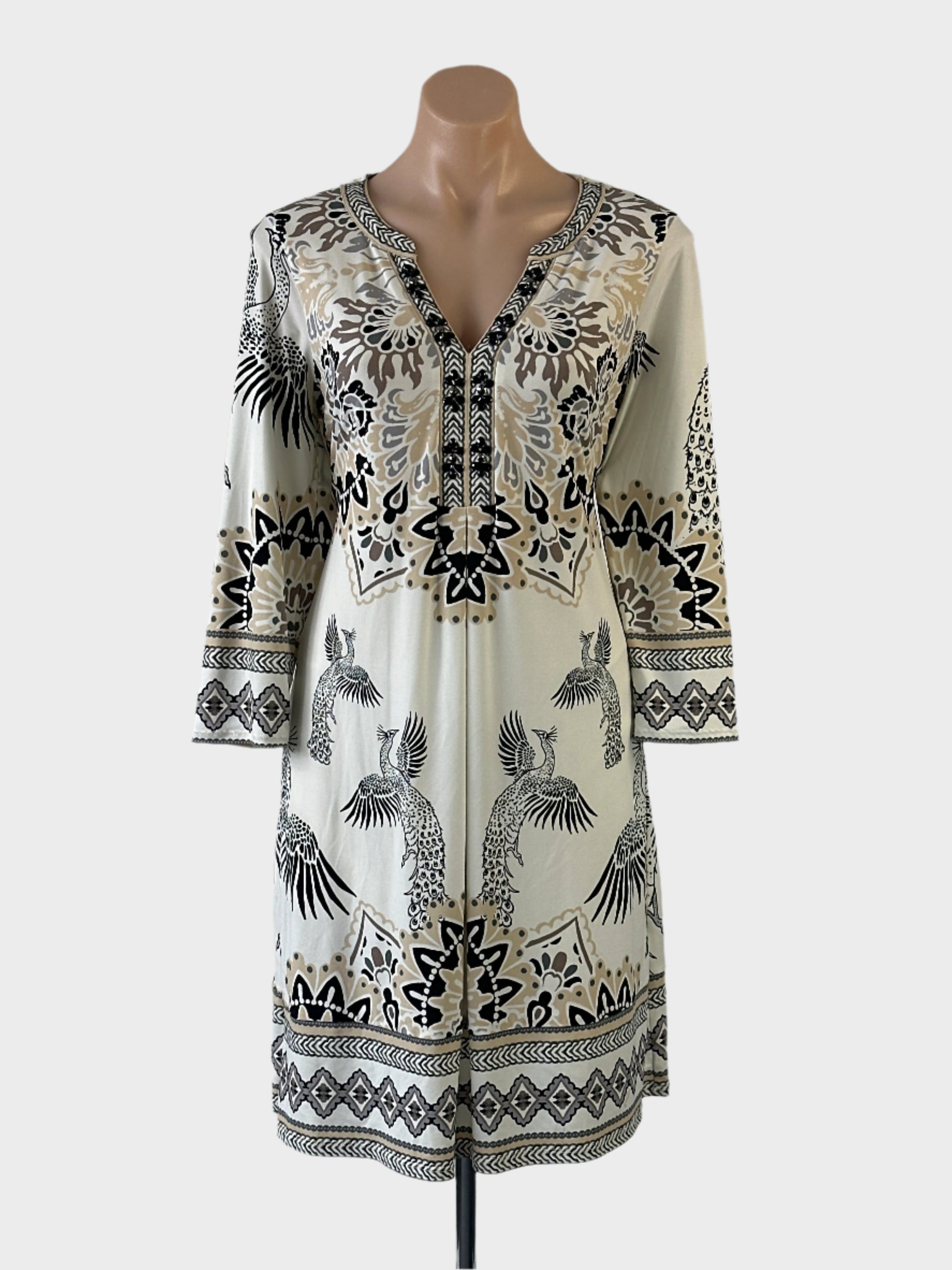 Designer Hale Bob shift dress in neutral jersey with exotic Eastern style peacock print, diamante collar and straight skirt for office or smart casual wear.