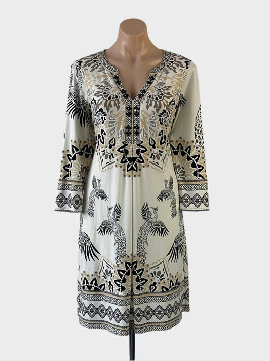 Designer Hale Bob shift dress in neutral jersey with exotic Eastern style peacock print, diamante collar and straight skirt for office or smart casual wear.