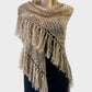 Handmade open front crochet shawl in beige with knotted fringe trim for smart casual wear