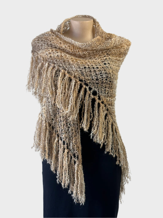 Handmade open front crochet shawl in beige with knotted fringe trim for smart casual wear