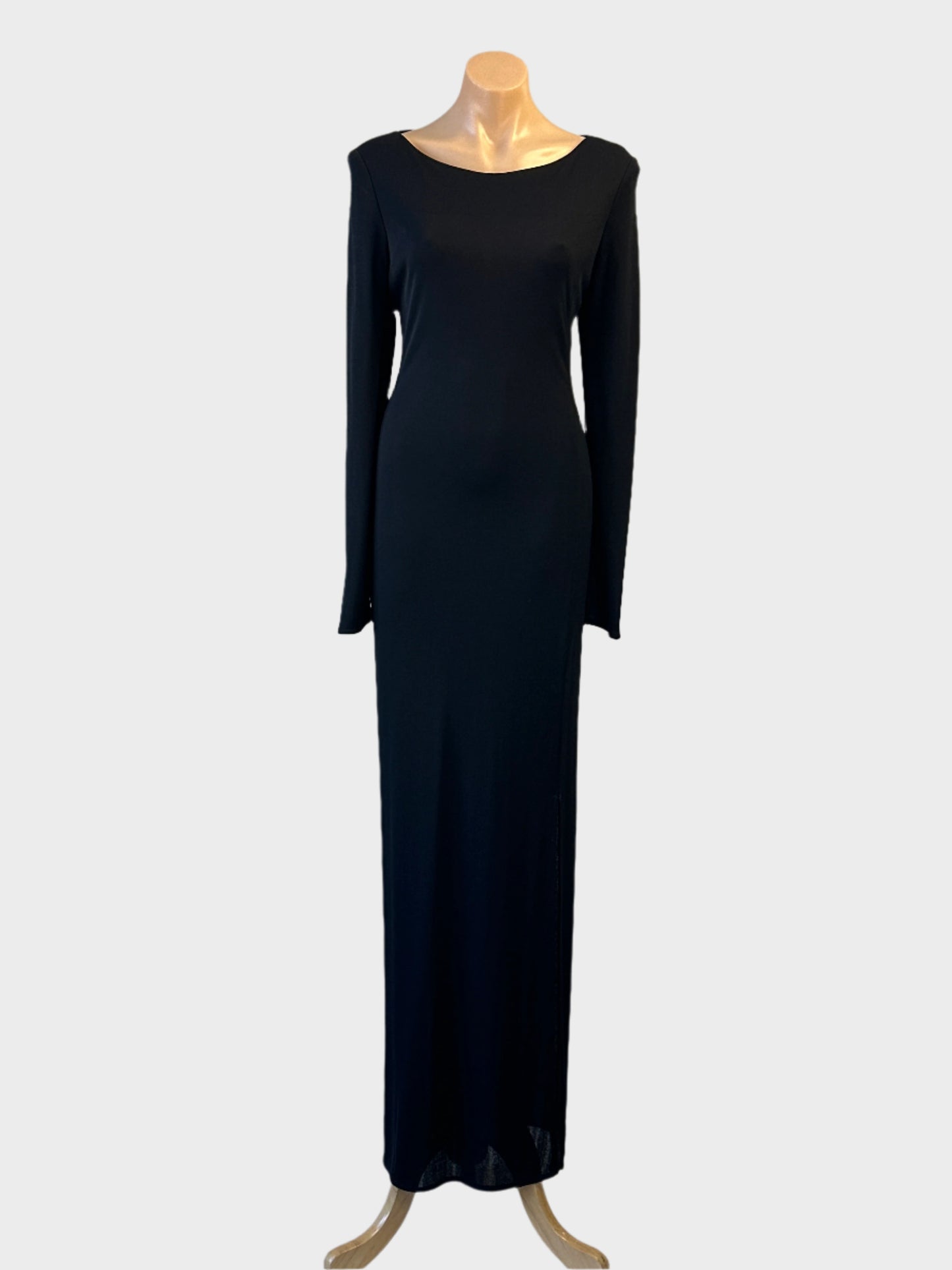 Designer Harry Who black jersey column dress with bateau neck and side split for formal wear.