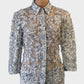 Designer Harry Who shirt in sheer ivory mesh with navy and violet floral applique, three quarter sleeve, smart casual wear or special events.
