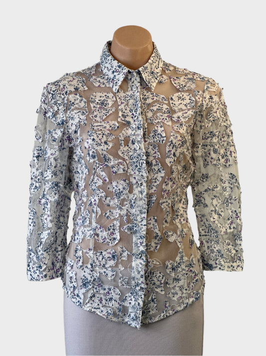 Designer Harry Who shirt in sheer ivory mesh with navy and violet floral applique, three quarter sleeve, smart casual wear or special events.