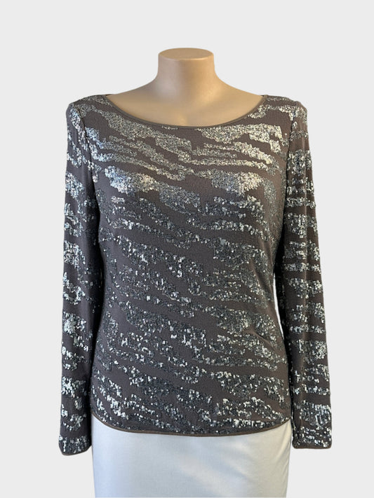 Designer Harry Who top in grey and silver jersey with sequins and bateau neck for evening or special events wear.