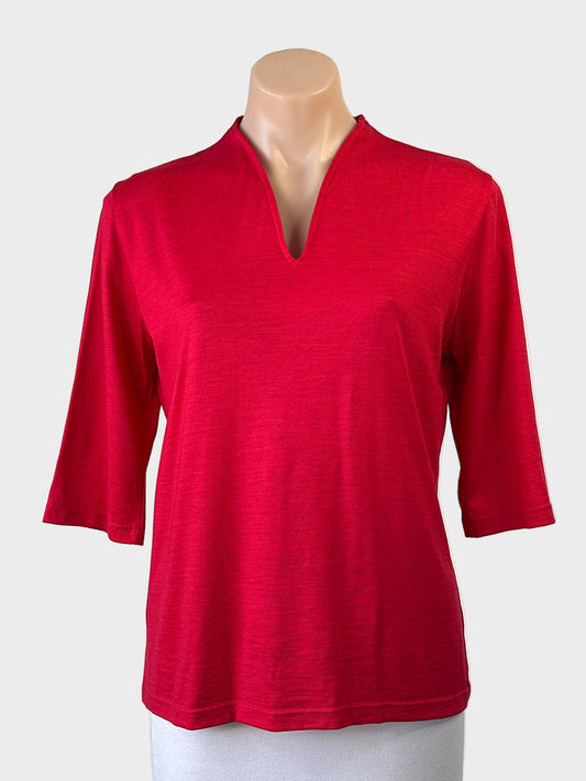 Hedrena Wool top in cherry red with notched neck and elbow length sleeves for smart casual or office wear