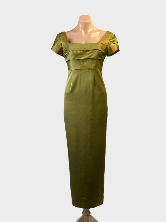 Designer Helene Esdaile vintage 90's empire waist gown in green satin finish for formal or special events wear.