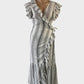 Designer Husk wrap dress in grey cheesecloth with striped print, ruffle cap sleeves and tulip skirt for smart casual or resort wear.