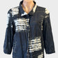Designer Ignazia grey and white abstract print soft crush jacket with three quarter sleeves for office or smart casual wear.
