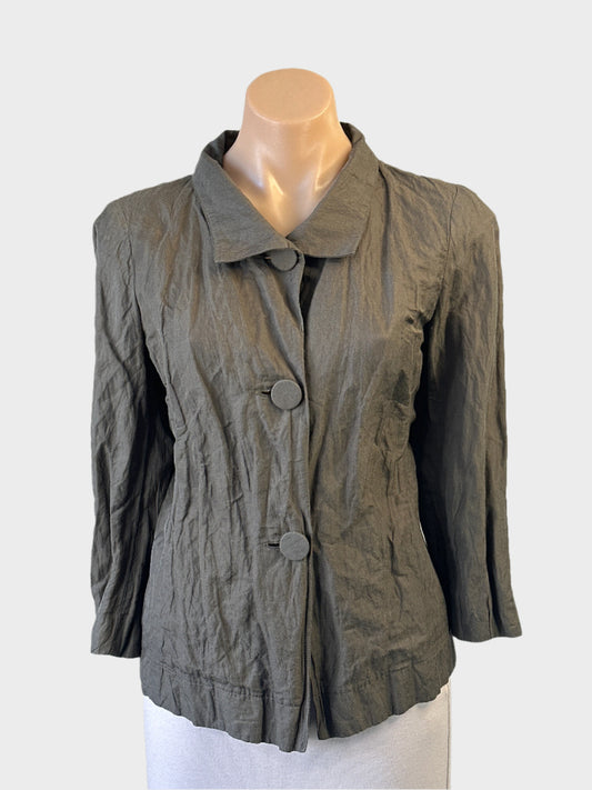 Ignazia vintage 90s jacket in olive green crinkle weave with covered buttons, notched collar, ideal for office wear.
