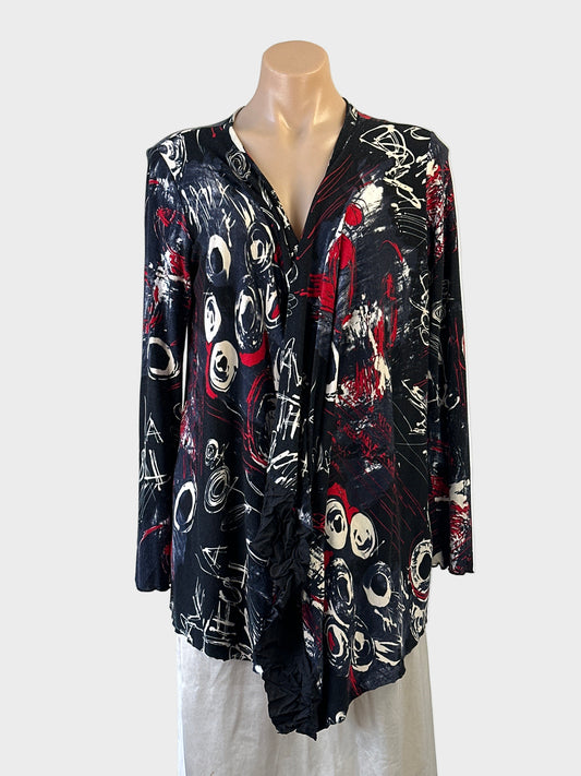 Vintage 90’s Ignazia waterfall cardigan in black jersey with abstract print and crinkle ruffle trim for smart casual or office wear