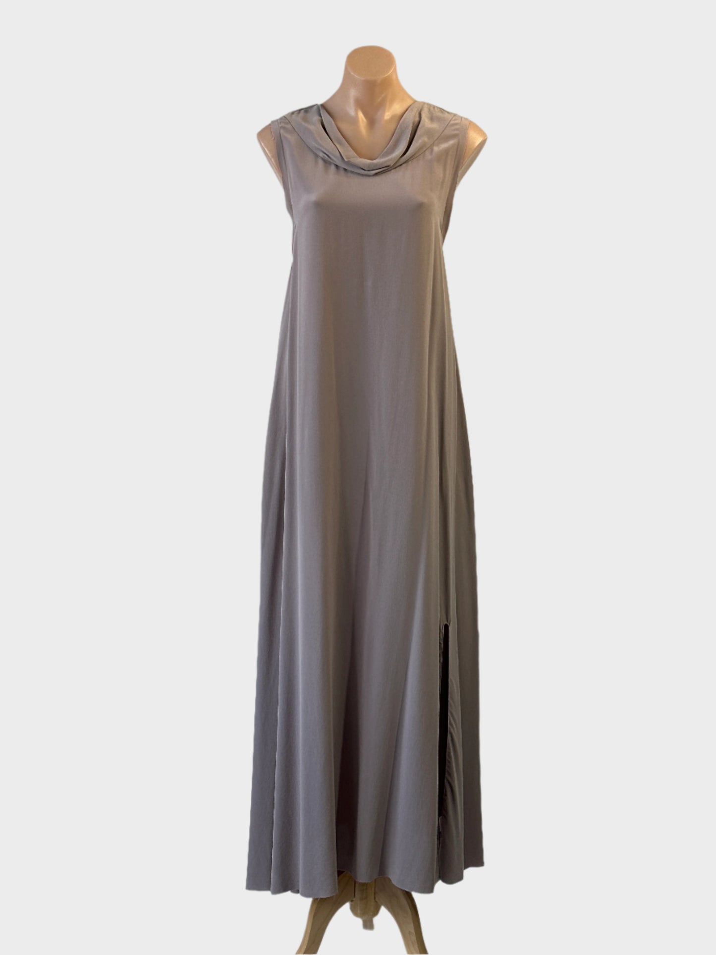 Designer Jac + Jack maxi dress in grey with cowl neck and raw edge finish for smart casual or special events wear.