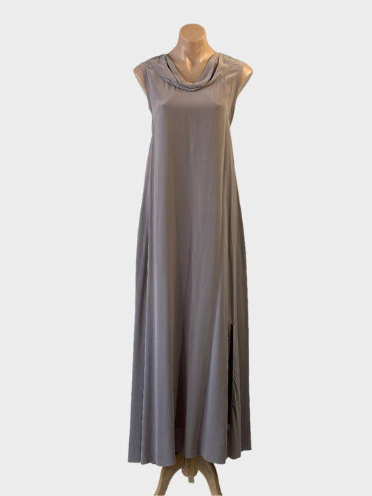 Designer Jac + Jack maxi dress in grey with cowl neck and raw edge finish for smart casual or special events wear.
