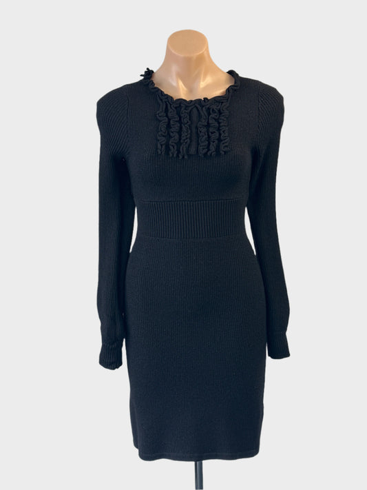 Designer Jac + Jack rib knit dress in black with frilled bib collar for office or smart casual wear.