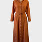 Designer Jac + Jack burnt sienna cotton shirt dress with button front, drawstring waist and softly gathered midi skirt for office or smart casual.