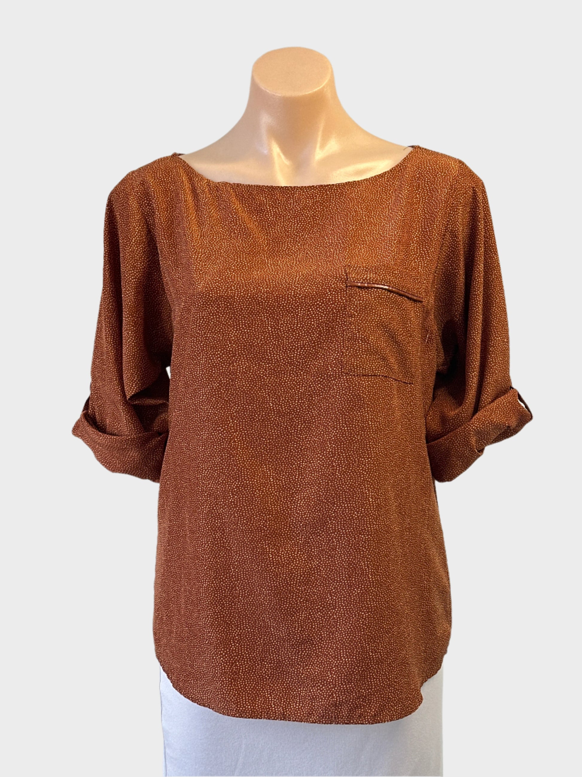 Jad top in brown and beige speckled print with pleather trimmed breast pocket for smart casual or office.
