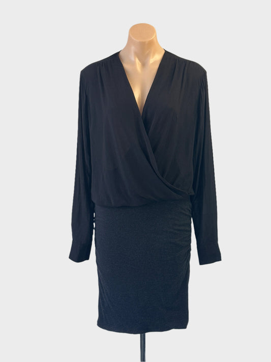 Designer James Perse drop waist dress in black with surplice neck and ruched skirt for office or evening wear.