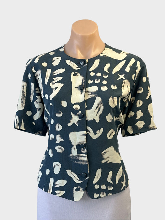 Jane More vintage 80's shirt in grey and white abstract print for office or smart casual wear.
