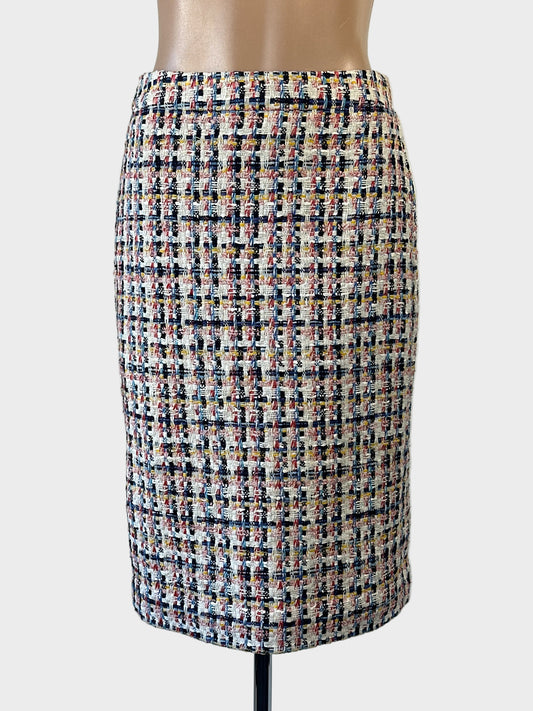 Designer J.Crew cream tweed straight skirt with standard waistband and back vent for office wear.