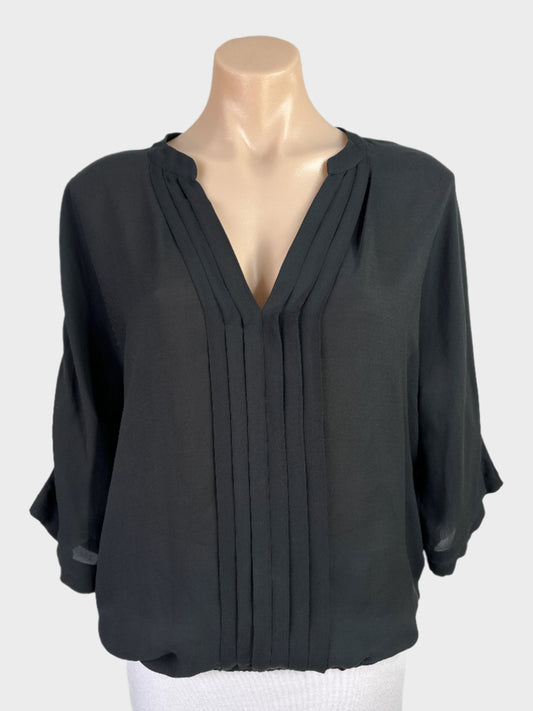 Joie black classic blouson top in pure silk with pleated front, notched neck, and elasticated hem for evening wear.