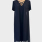 Designer Joseph Ribkoff shift dress in navy blue with sheer overlay and diamante v-neck for office or evening wear.