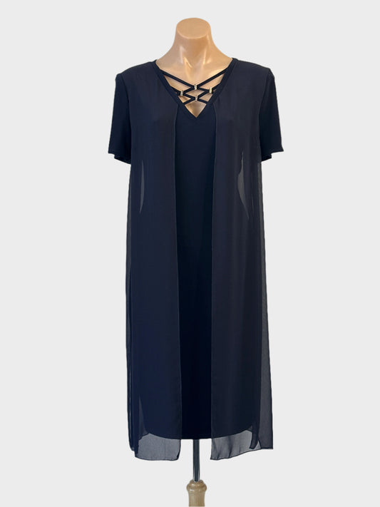 Designer Joseph Ribkoff shift dress in navy blue with sheer overlay and diamante v-neck for office or evening wear.