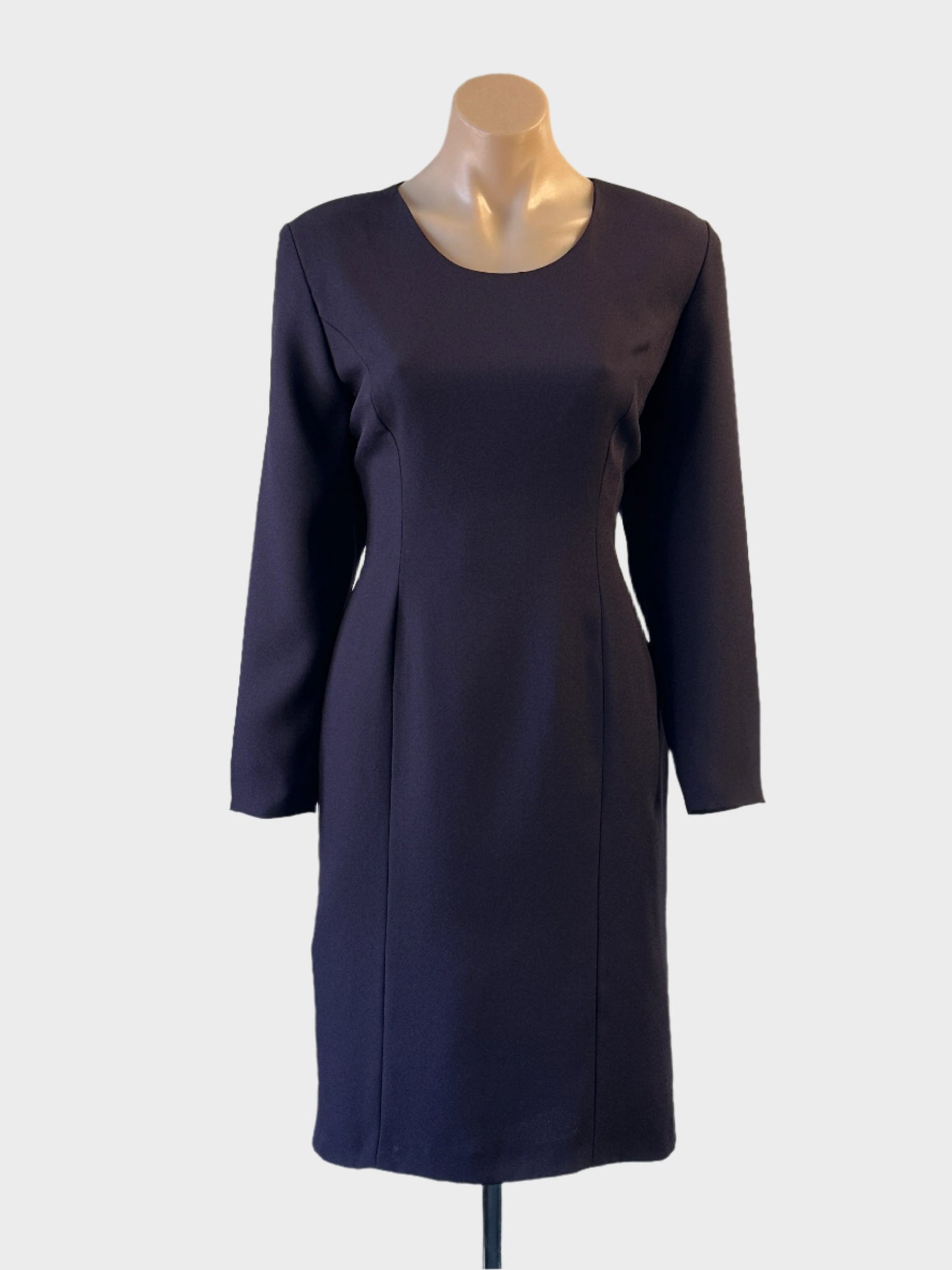 Designer Joshua Berger shift dress in purple crepe with back vent for office wear.