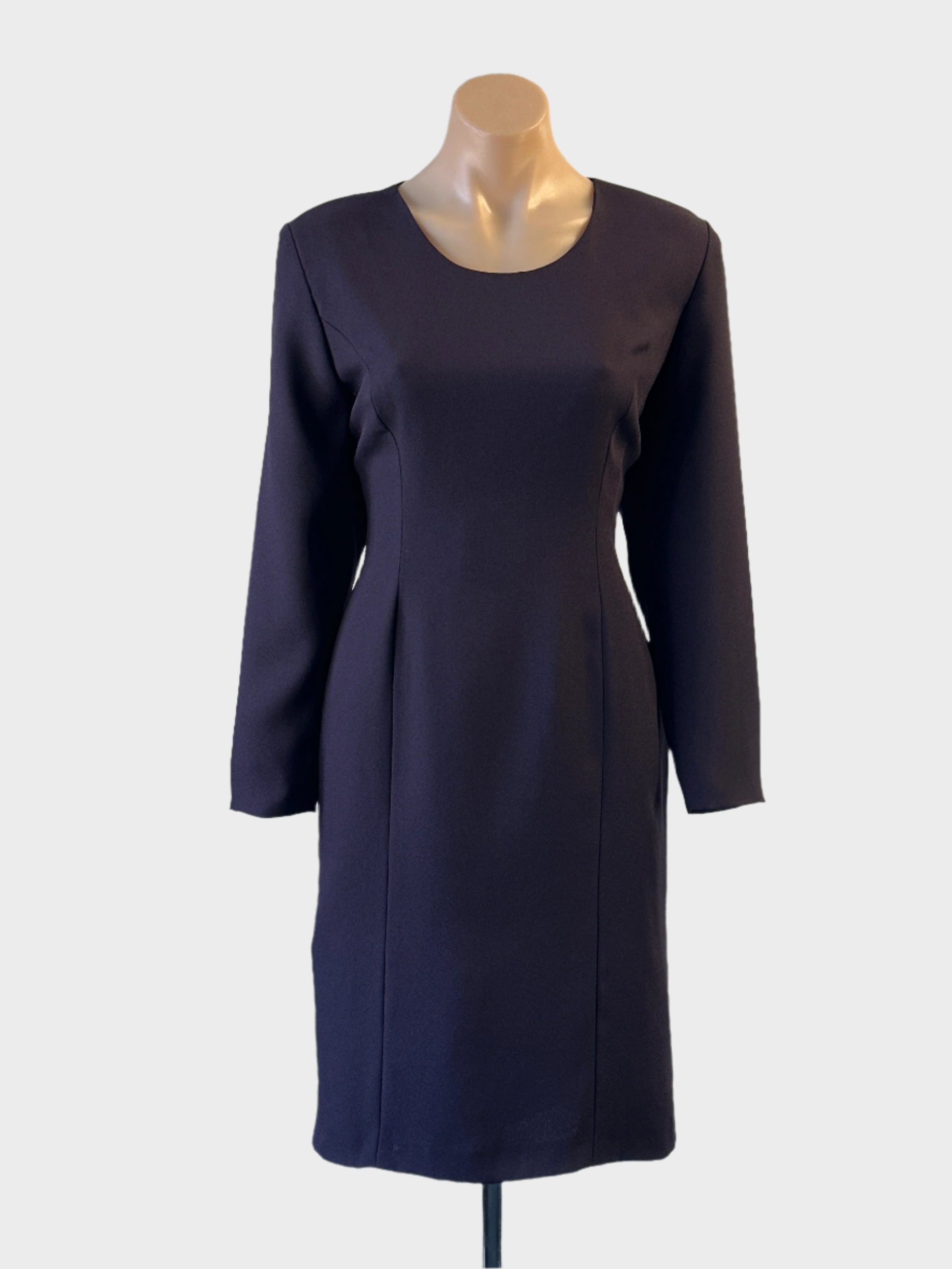 Designer Joshua Berger shift dress in purple crepe with back vent for office wear.