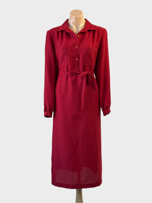 Designer Julee Jones shift dress in red crepe with waist sash and side slits for office or special events wear.