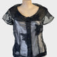 Designer Kamiko shirt in black and silver with floral appliqué and satin camisole for evening or formal wear.