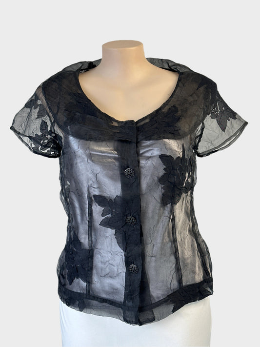 Designer Kamiko shirt in black and silver with floral appliqué and satin camisole for evening or formal wear.