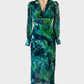 KandS London purple and green sheer crepe floral sheath dress with rouleau buttons for special events or evening wear.