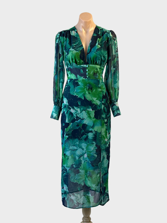 KandS London purple and green sheer crepe floral sheath dress with rouleau buttons for special events or evening wear.