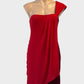 Karen Millen sleeveless asymmetric dress in red silk satin with draped overlay for formal or evening wear.