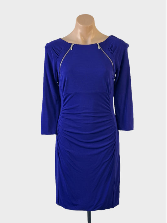 Designer Karen Millen bodycon dress in purple jersey with ruched front, bateau neck and raglan sleeves for evening or events.