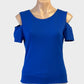 Karen Millen cold shoulder top in blue jersey for office or smart casual wear.