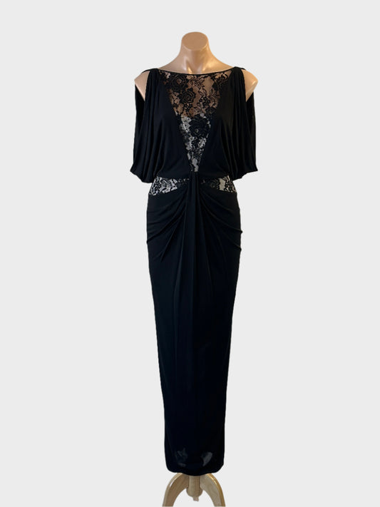 Designer Karen Millen gown in black jersey with lace insert and pleated skirt for formal wear.