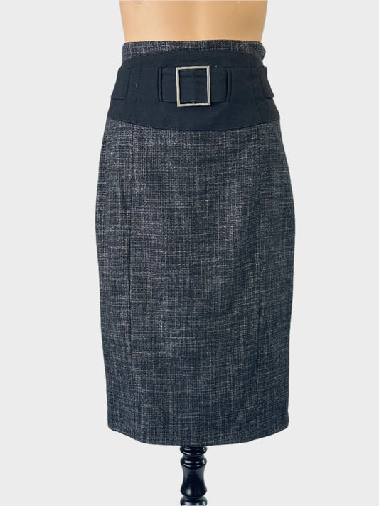 Designer Karen Millen pencil skirt in black and grey with belt buckle and kick pleat for office wear.