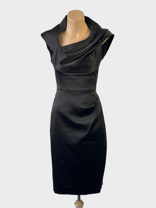 Designer Karen Millen sheath dress in black with satin finish, asymmetric neck, draped bodice and pencil skirt for evening or formal wear.