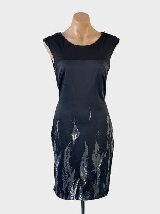 Designer Karen Millen sheath dress in grey satin finish with feather print, jersey yoke bodice and straight skirt for office or evening wear.