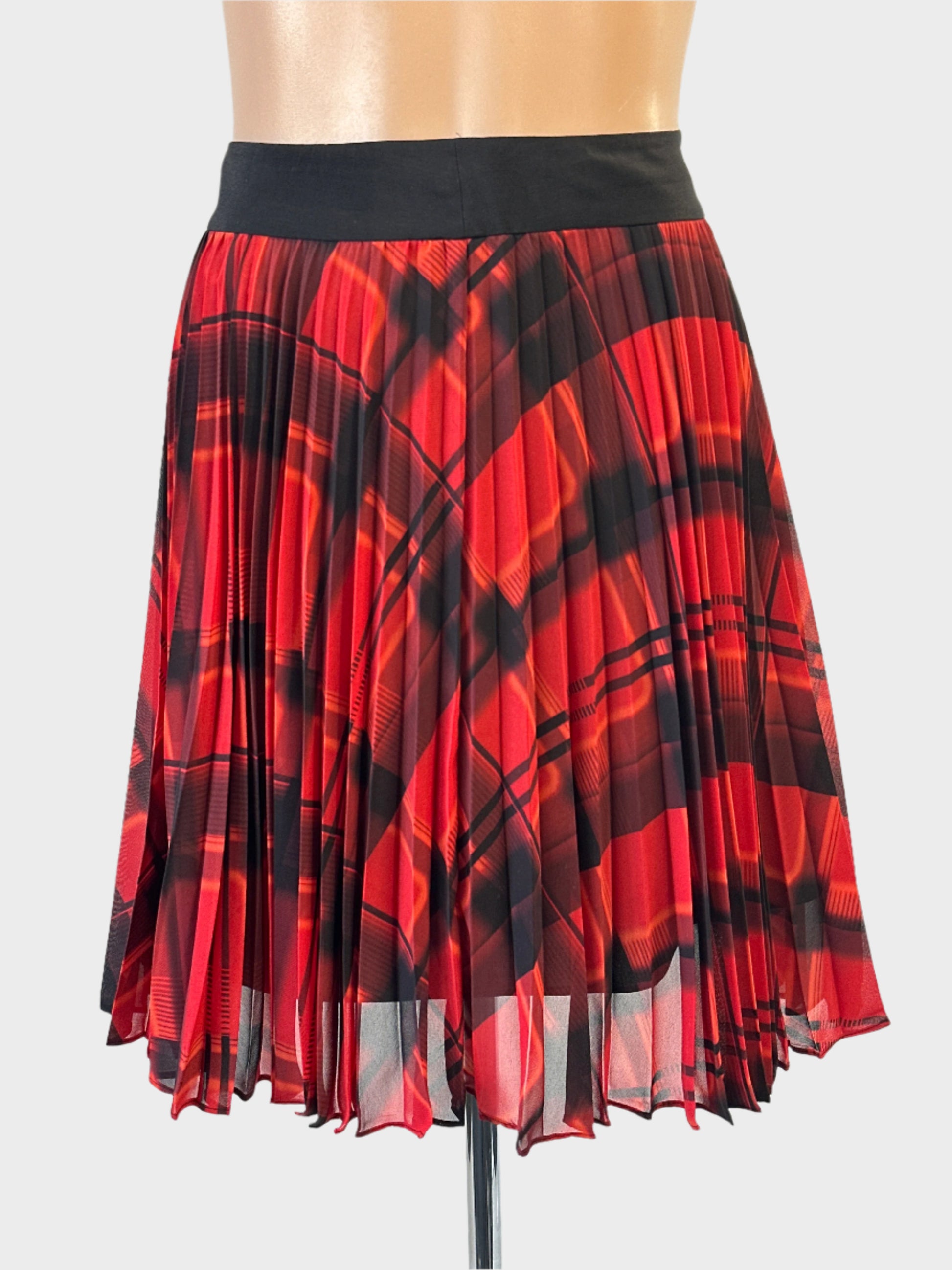 Designer Karen Millen skater skirt in red and black with tartan check and contrasting waistband for office or smart casual wear.